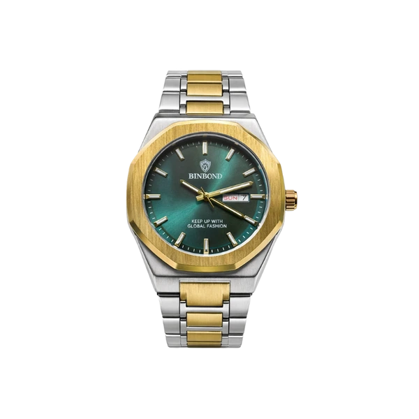BINBOND Two-Tone Luxury Men’s Quartz Watch – Green Dial